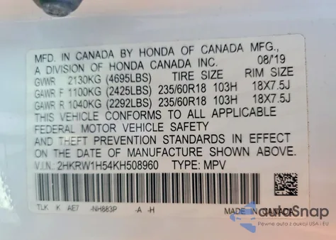 2019 Honda Cr-V Ex из США, поврежденный, VIN 2HKRW1H54KH508960